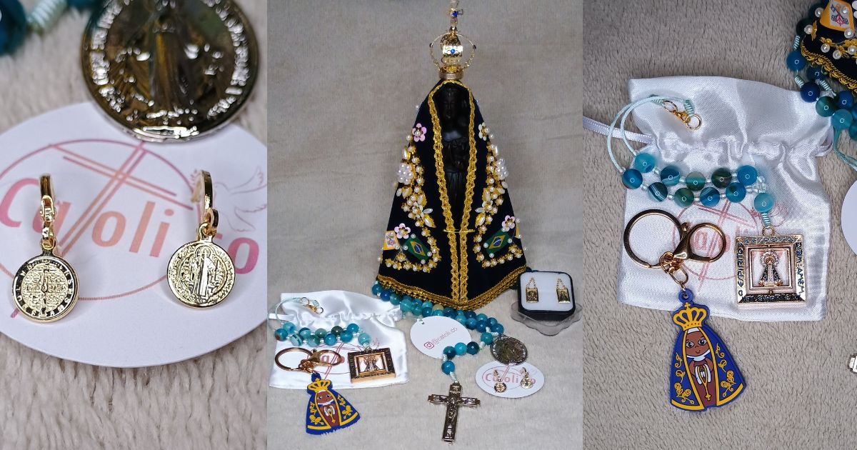 kit terço em pedra natural e Nossa Senhora Aparecida